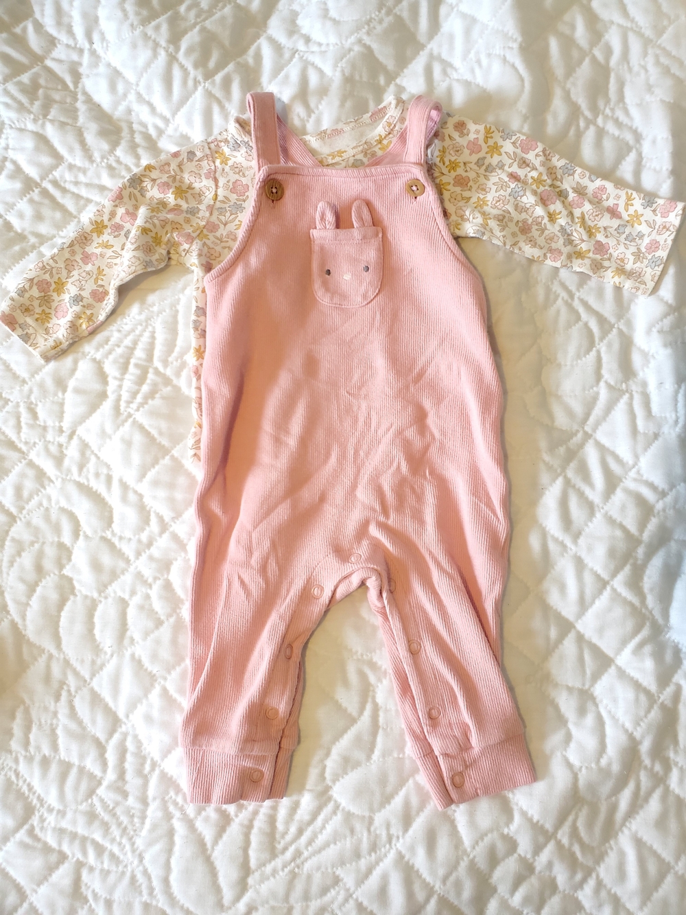 Baby Girl 2-Piece Floral Bunny Long-Sleeve Tee & Coverall Set - Pink